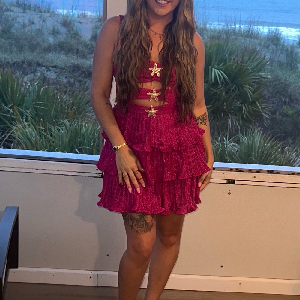 Hello Molly Hot Pink Tiered Star-Accent Mini Dress